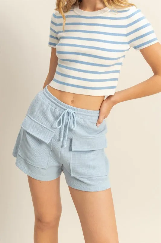 Blue Drawstring Waffle Knit Front Pocket Shorts