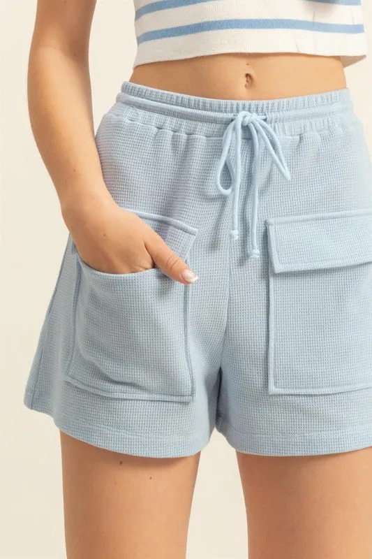 Blue Drawstring Waffle Knit Front Pocket Shorts