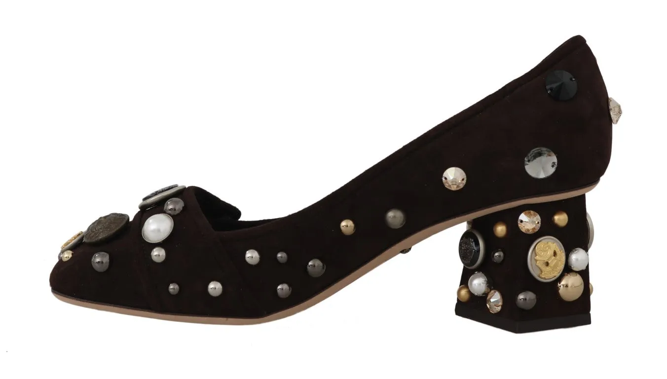Brown Suede Crystal Studs Logo Pumps