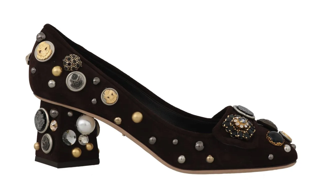 Brown Suede Crystal Studs Logo Pumps