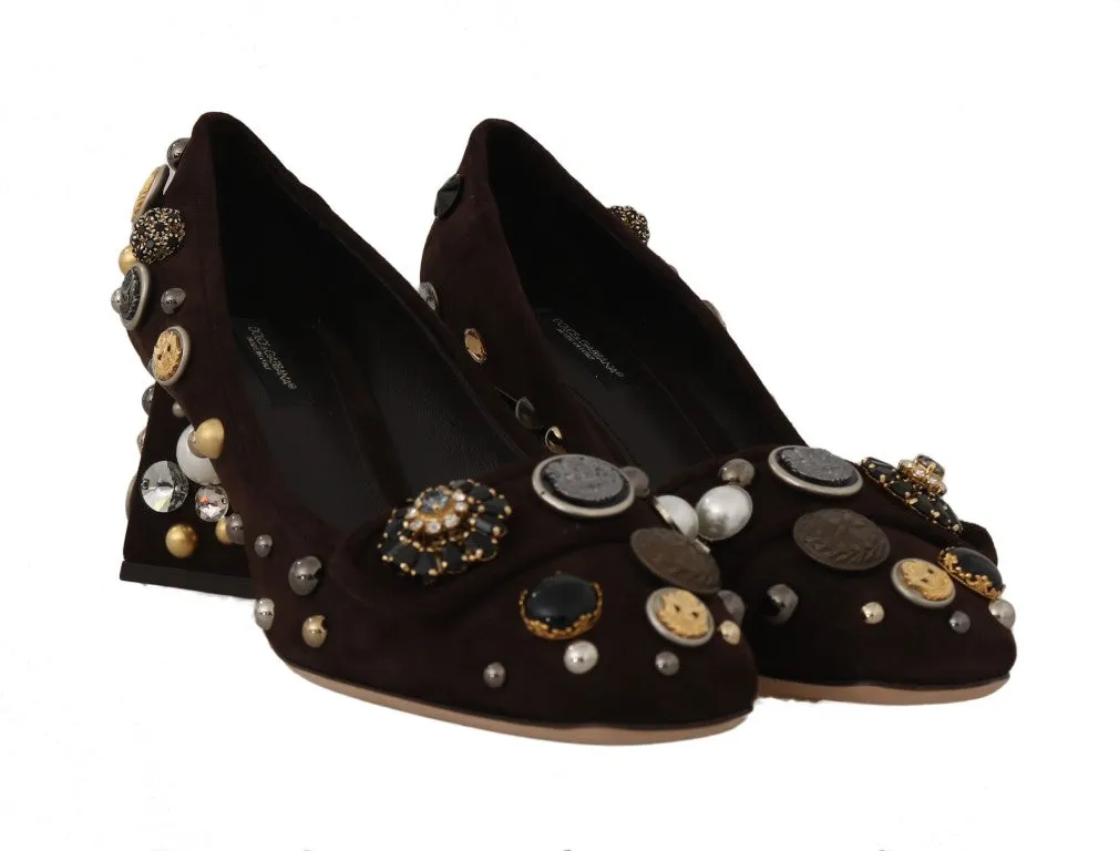 Brown Suede Crystal Studs Logo Pumps