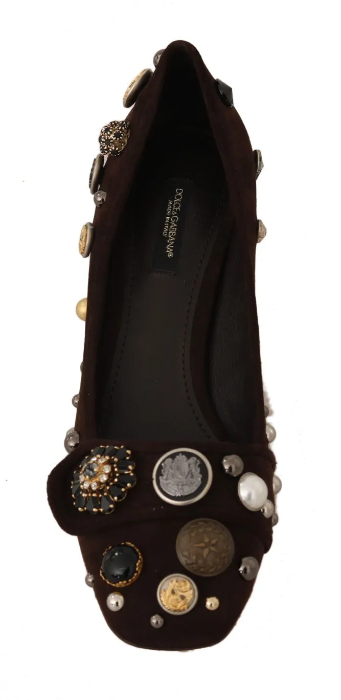 Brown Suede Crystal Studs Logo Pumps