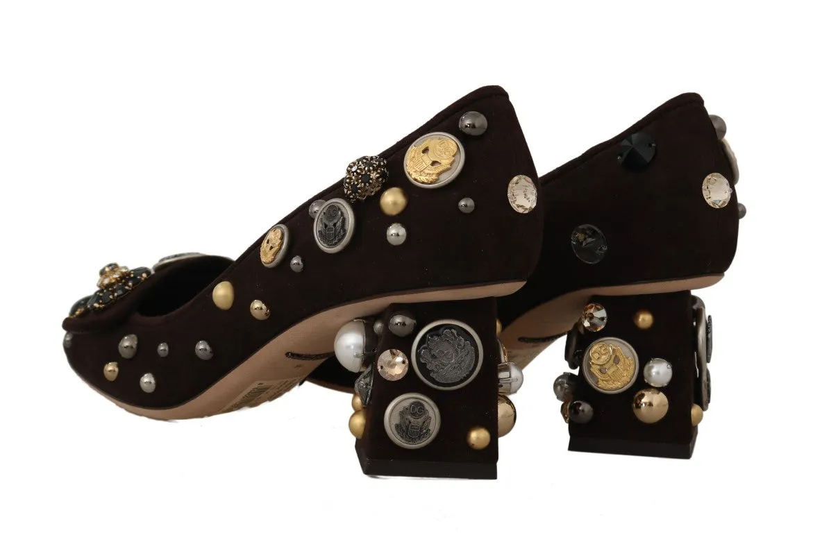 Brown Suede Crystal Studs Logo Pumps