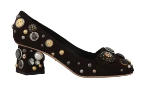 Brown Suede Crystal Studs Logo Pumps