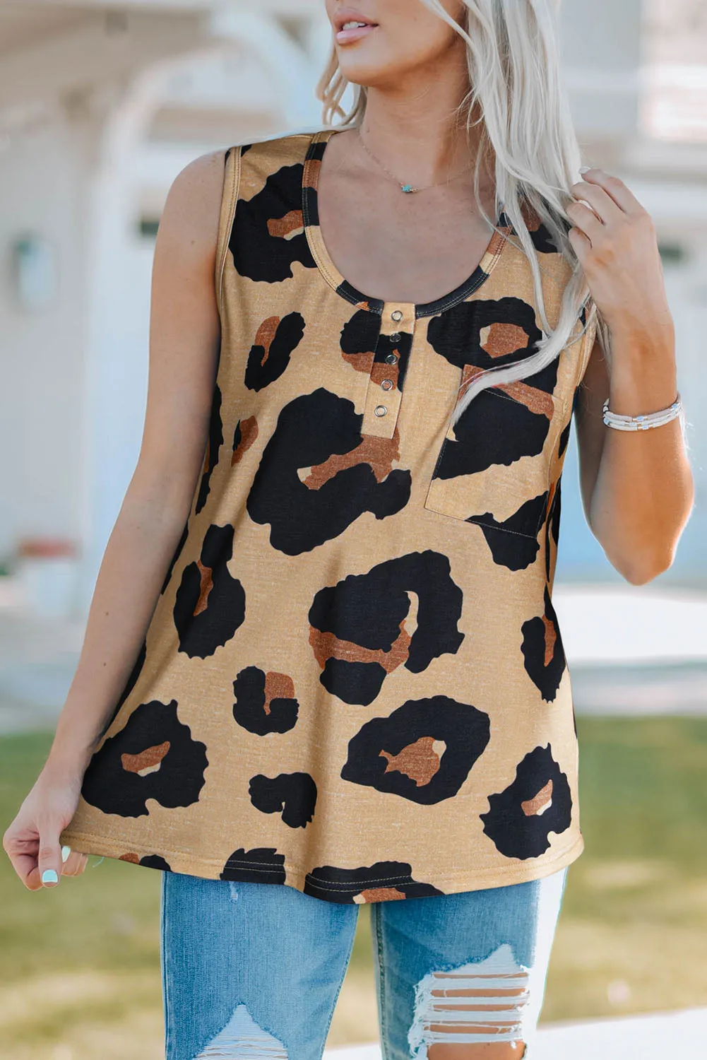 Button Neck Chest Pocket Tank Top