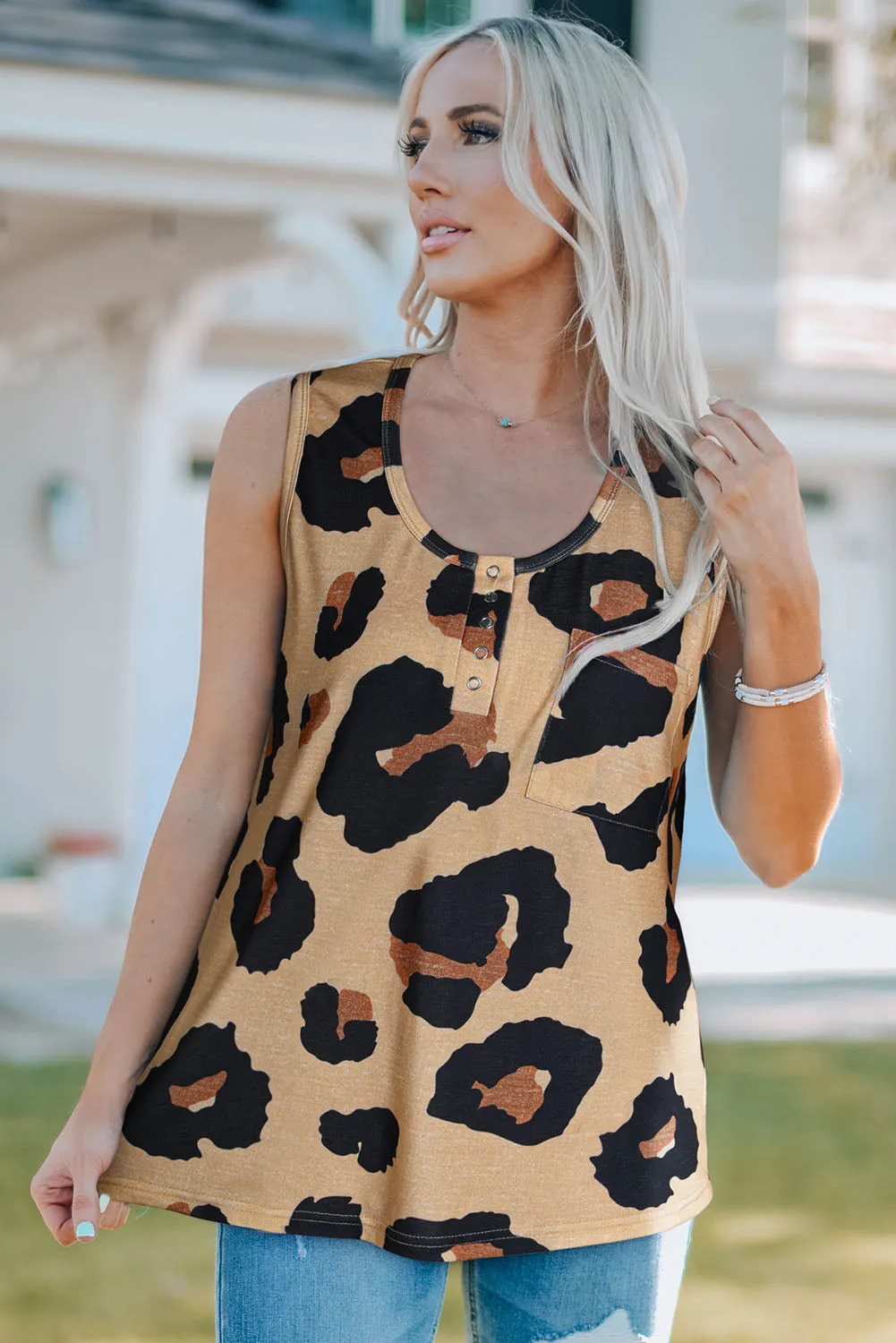 Button Neck Chest Pocket Tank Top