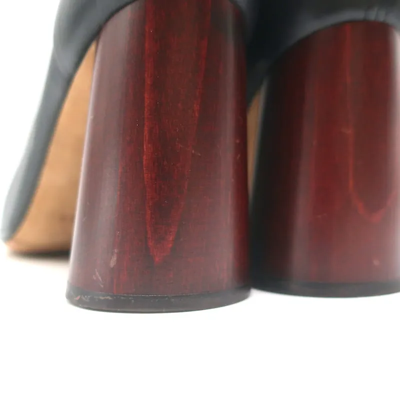 Celine Wood Heel Pumps Black Suede-Trimmed Leather Size 38.5