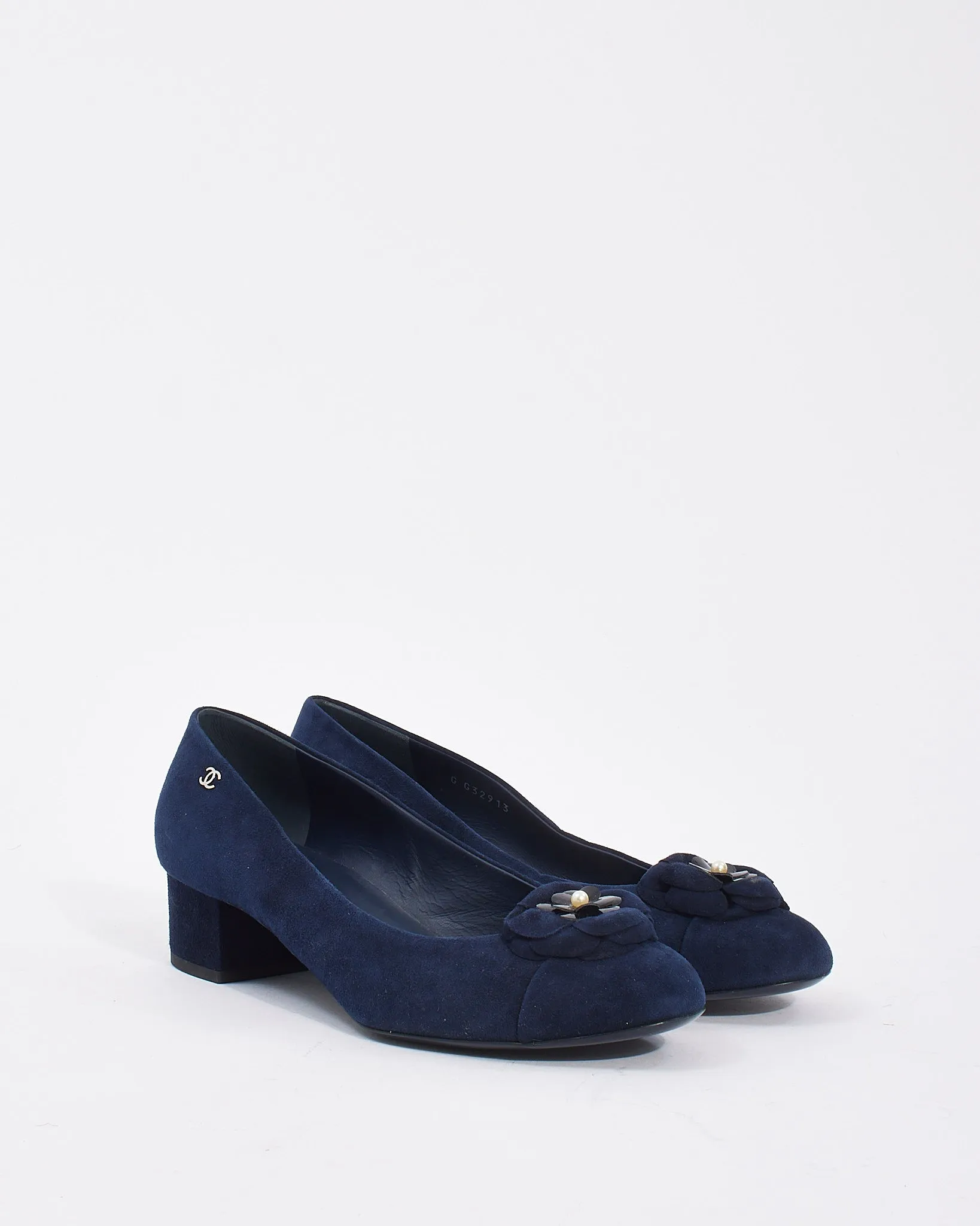 Chanel Navy Suede Camellia Flower Block Heel Pumps - 40