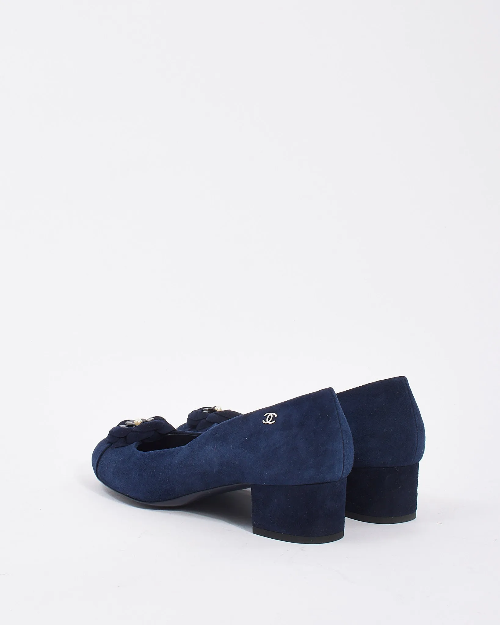 Chanel Navy Suede Camellia Flower Block Heel Pumps - 40