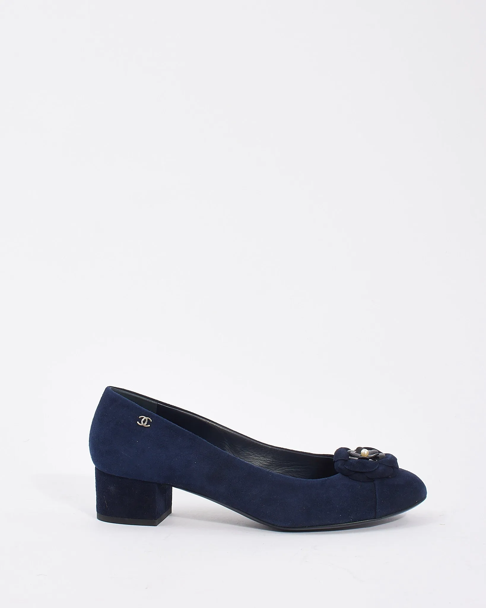 Chanel Navy Suede Camellia Flower Block Heel Pumps - 40