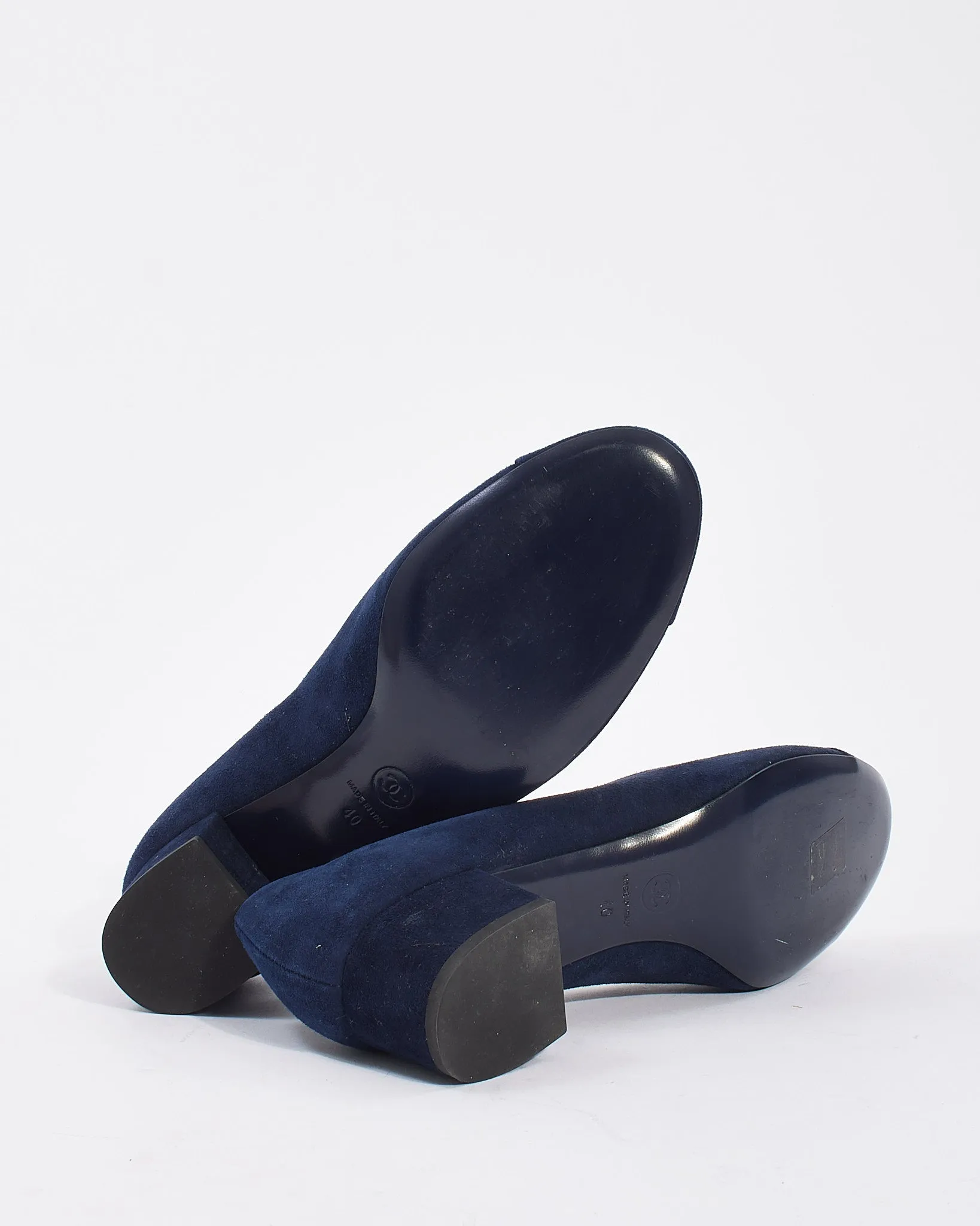 Chanel Navy Suede Camellia Flower Block Heel Pumps - 40