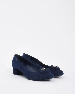 Chanel Navy Suede Camellia Flower Block Heel Pumps - 40