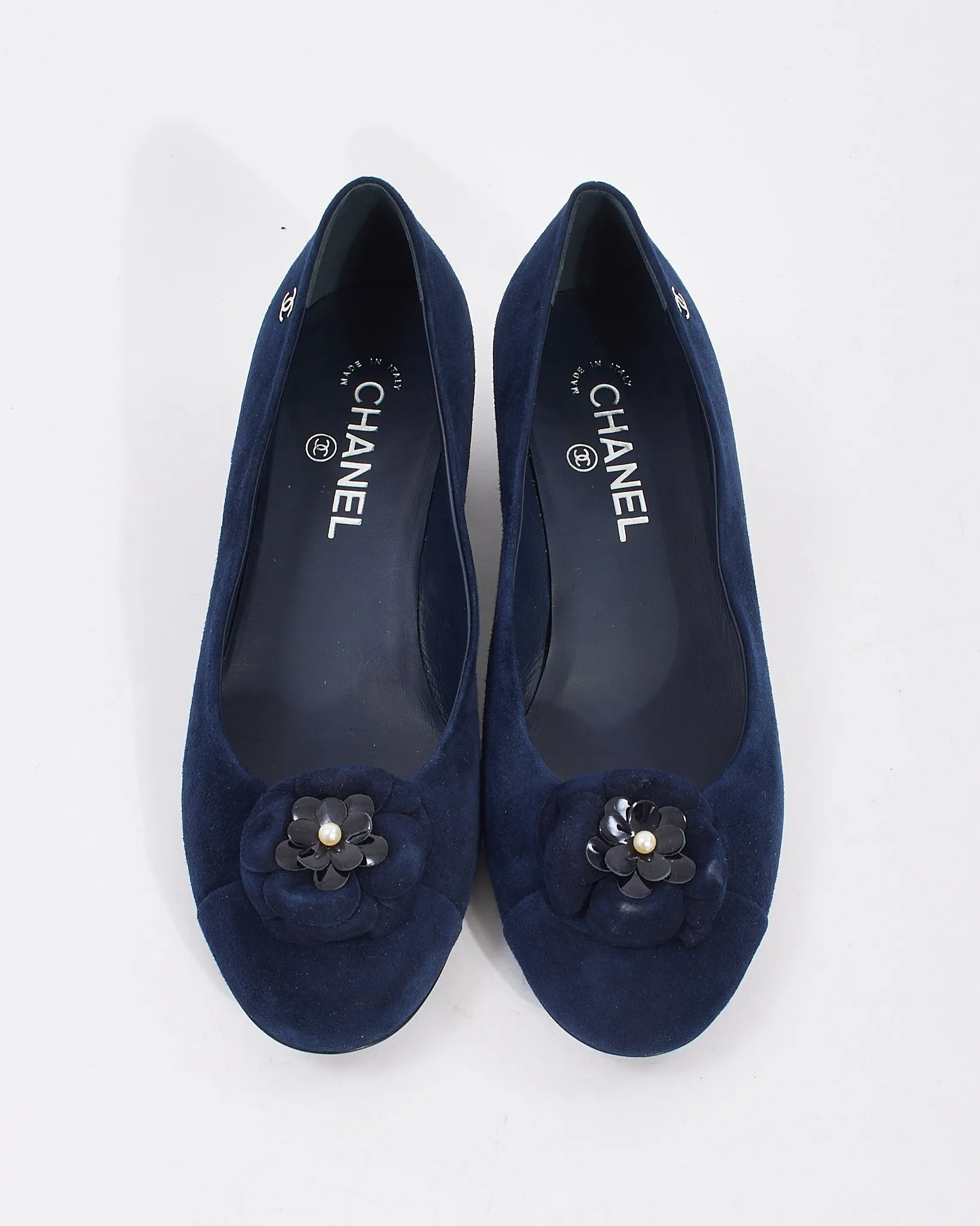 Chanel Navy Suede Camellia Flower Block Heel Pumps - 40
