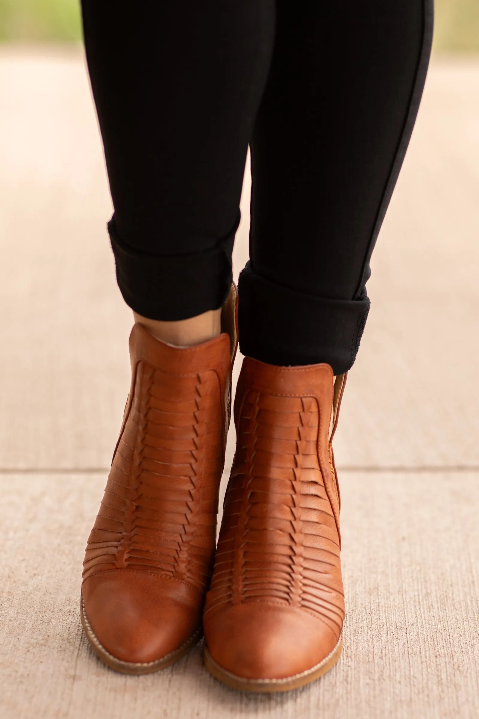 Chestnut Woven Detail Back Zip Bootie