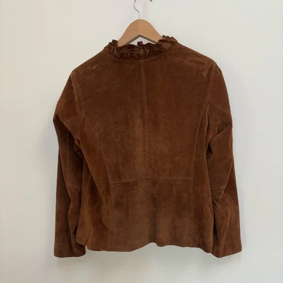 Chico's Suede Elegance Riana Ruffle Zippered Brown Suede Jacket Size 2-Large