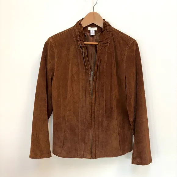 Chico's Suede Elegance Riana Ruffle Zippered Brown Suede Jacket Size 2-Large