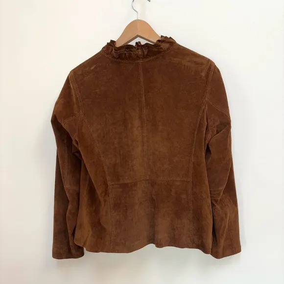 Chico's Suede Elegance Riana Ruffle Zippered Brown Suede Jacket Size 2-Large