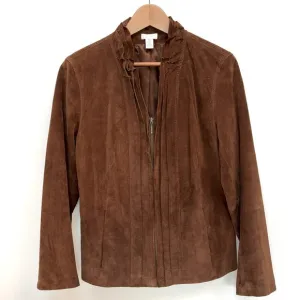 Chico's Suede Elegance Riana Ruffle Zippered Brown Suede Jacket Size 2-Large