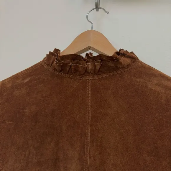 Chico's Suede Elegance Riana Ruffle Zippered Brown Suede Jacket Size 2-Large