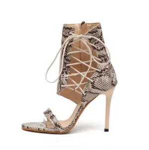 cross straps hollow snakeskin High-heeled boots