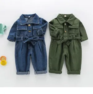Denim Cargo Jumpsuit - Long sleeve and Pant with Waist Tie