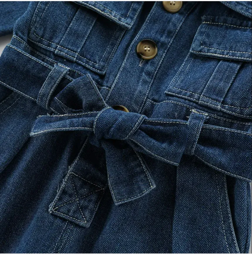 Denim Cargo Jumpsuit - Long sleeve and Pant with Waist Tie