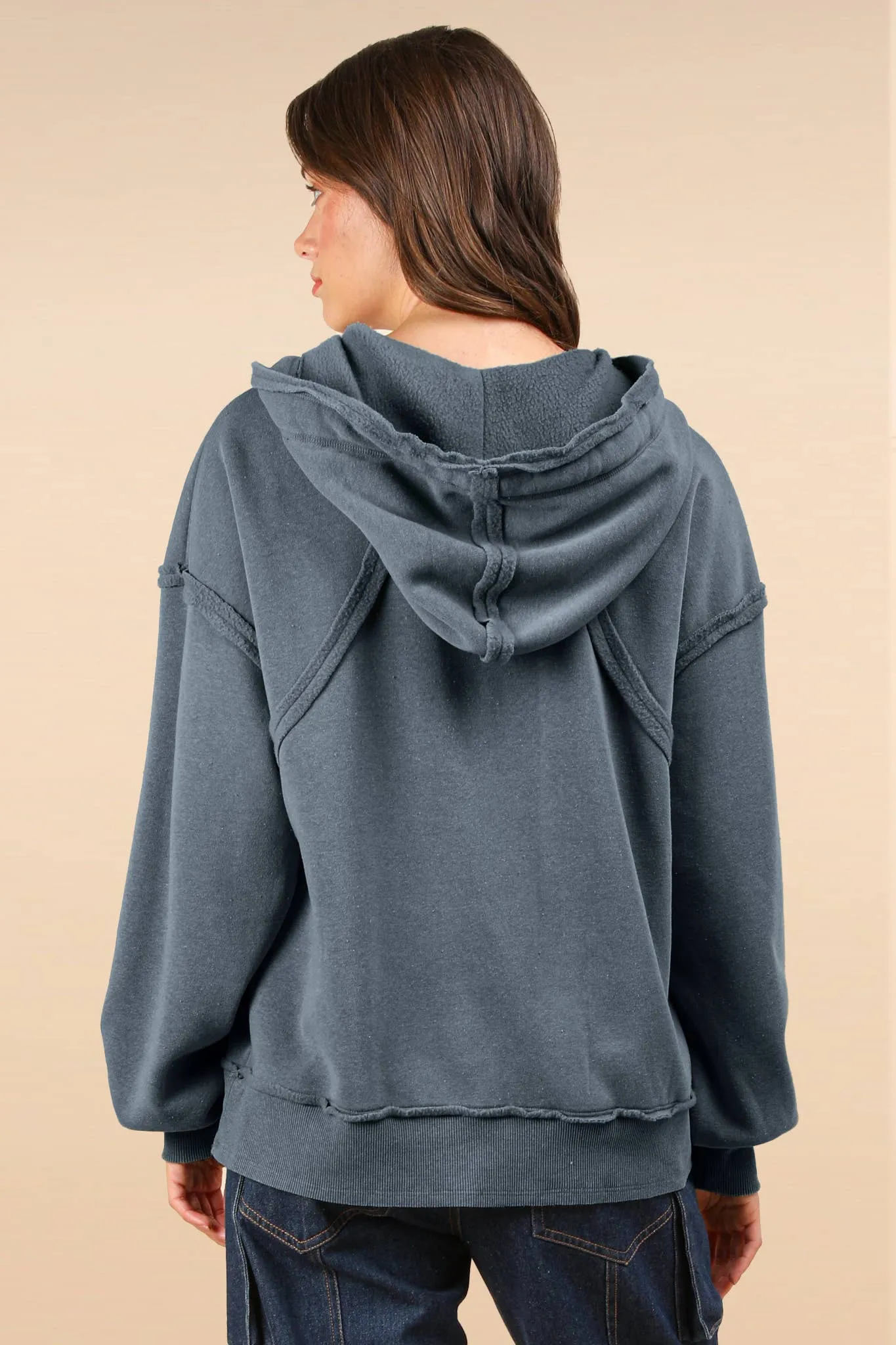 Denim Oversized Brushed French Terry Knit Hoodie Top