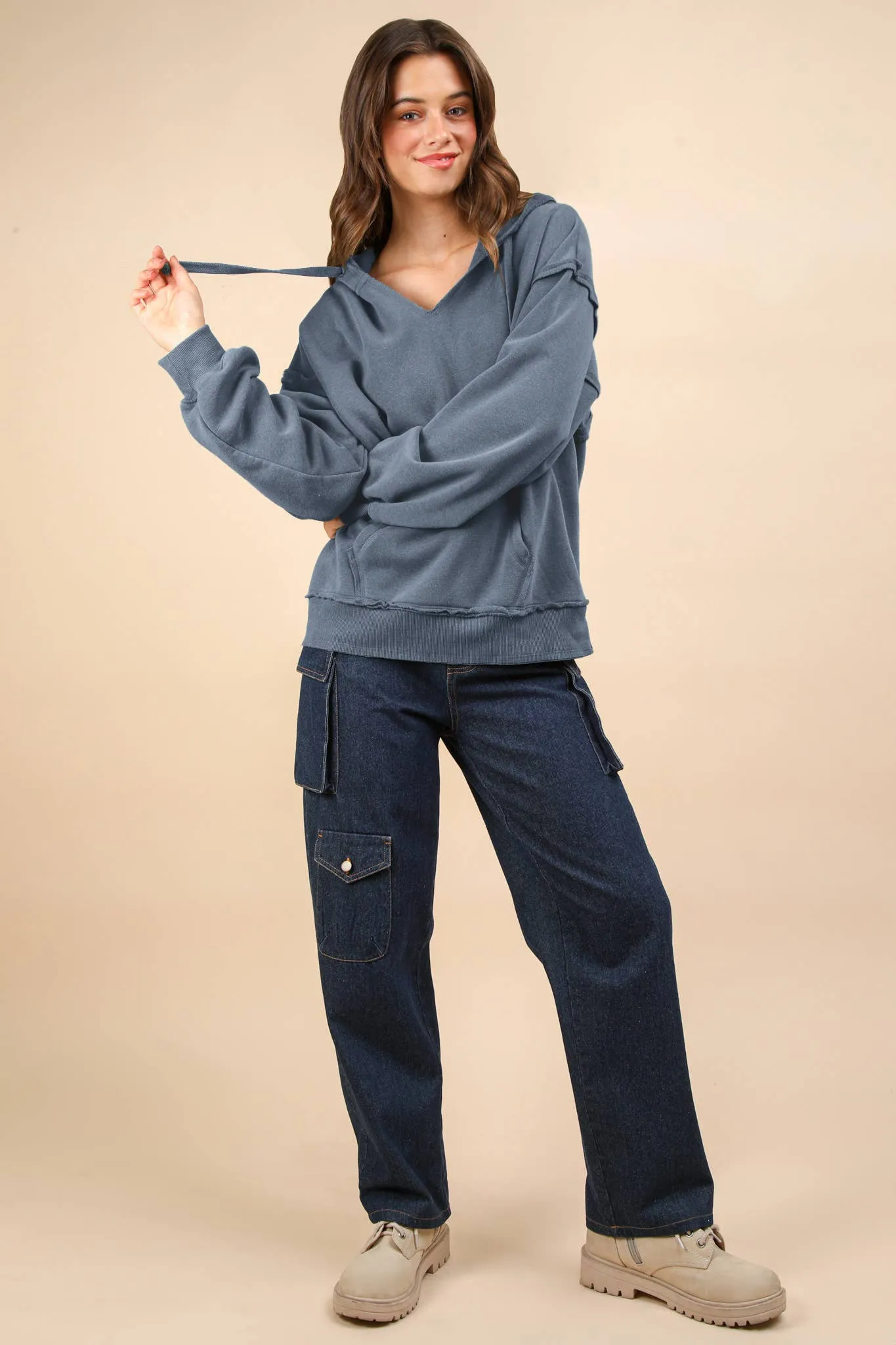 Denim Oversized Brushed French Terry Knit Hoodie Top