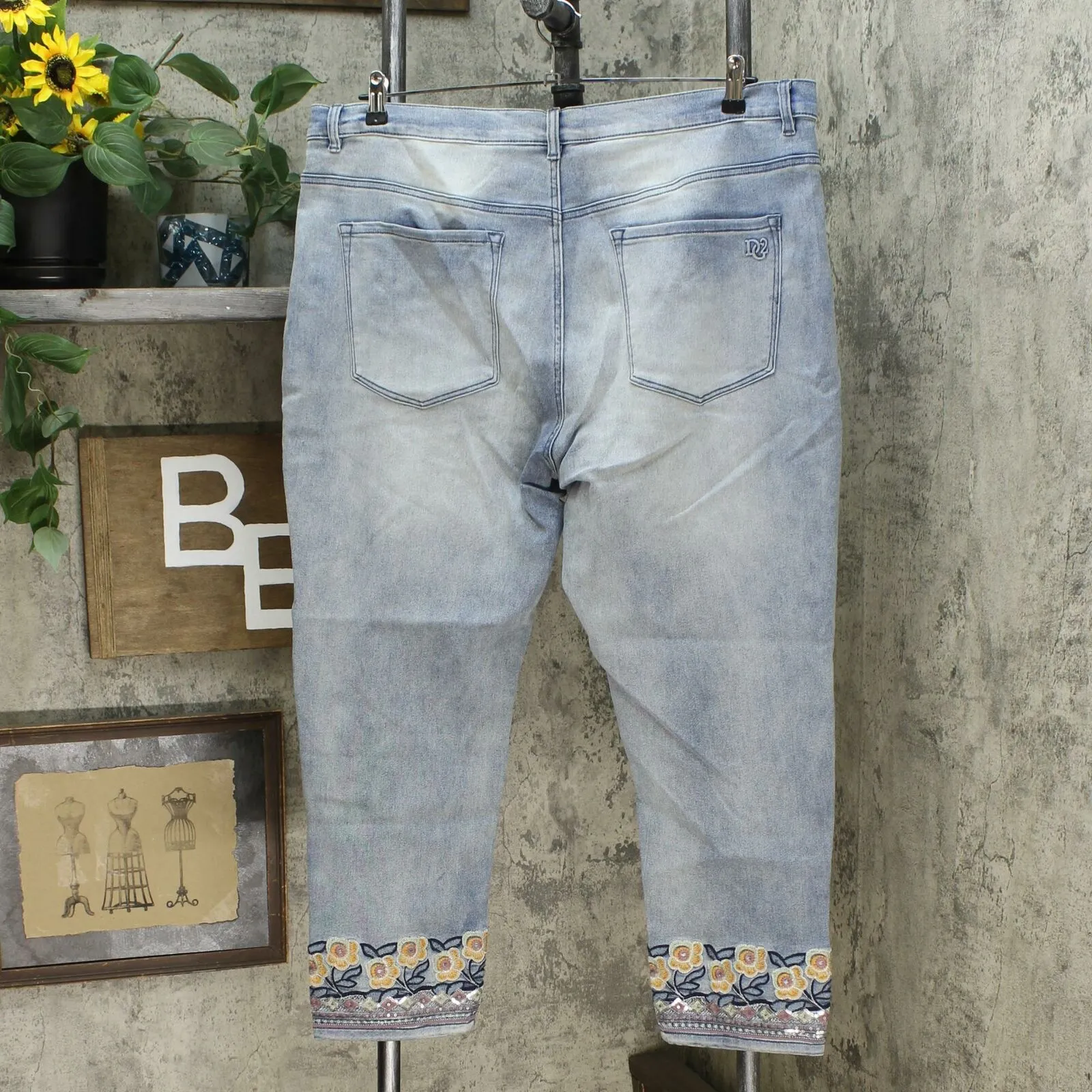 DG2 by Diane Gilman Women's Embroidered Hem Ankle Jeans Chambray 20W