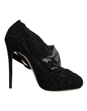 Dolce&Gabbana Women Black Boots Nylon Stretch Floral Lace Sock Booties Sz EUR 35