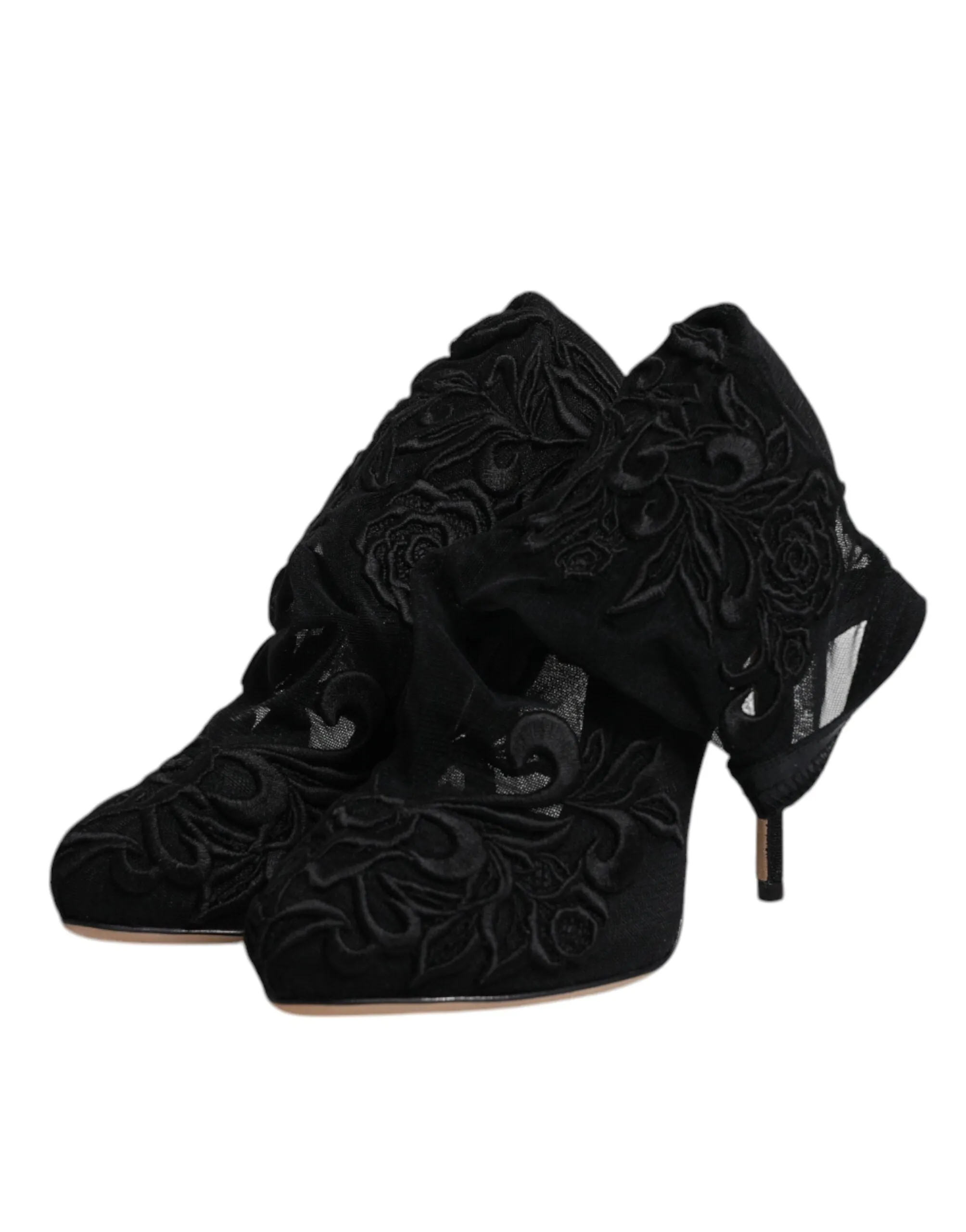 Dolce&Gabbana Women Black Boots Nylon Stretch Floral Lace Sock Booties Sz EUR 35