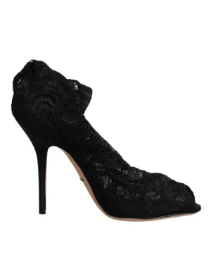 Dolce&Gabbana Women Black Sock Boots Nylon Lace Stretch Mid Calf Pumps Sz EUR 37