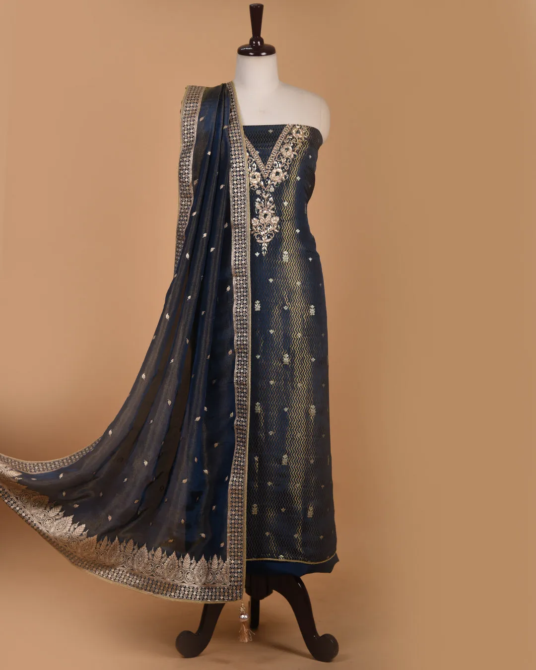 Electric Blue Silk Viscose Blend Woven With Embroidery Unstitched Suit Fabric Set With Silk Viscose Woven Dupatta