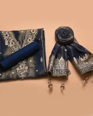 Electric Blue Silk Viscose Blend Woven With Embroidery Unstitched Suit Fabric Set With Silk Viscose Woven Dupatta