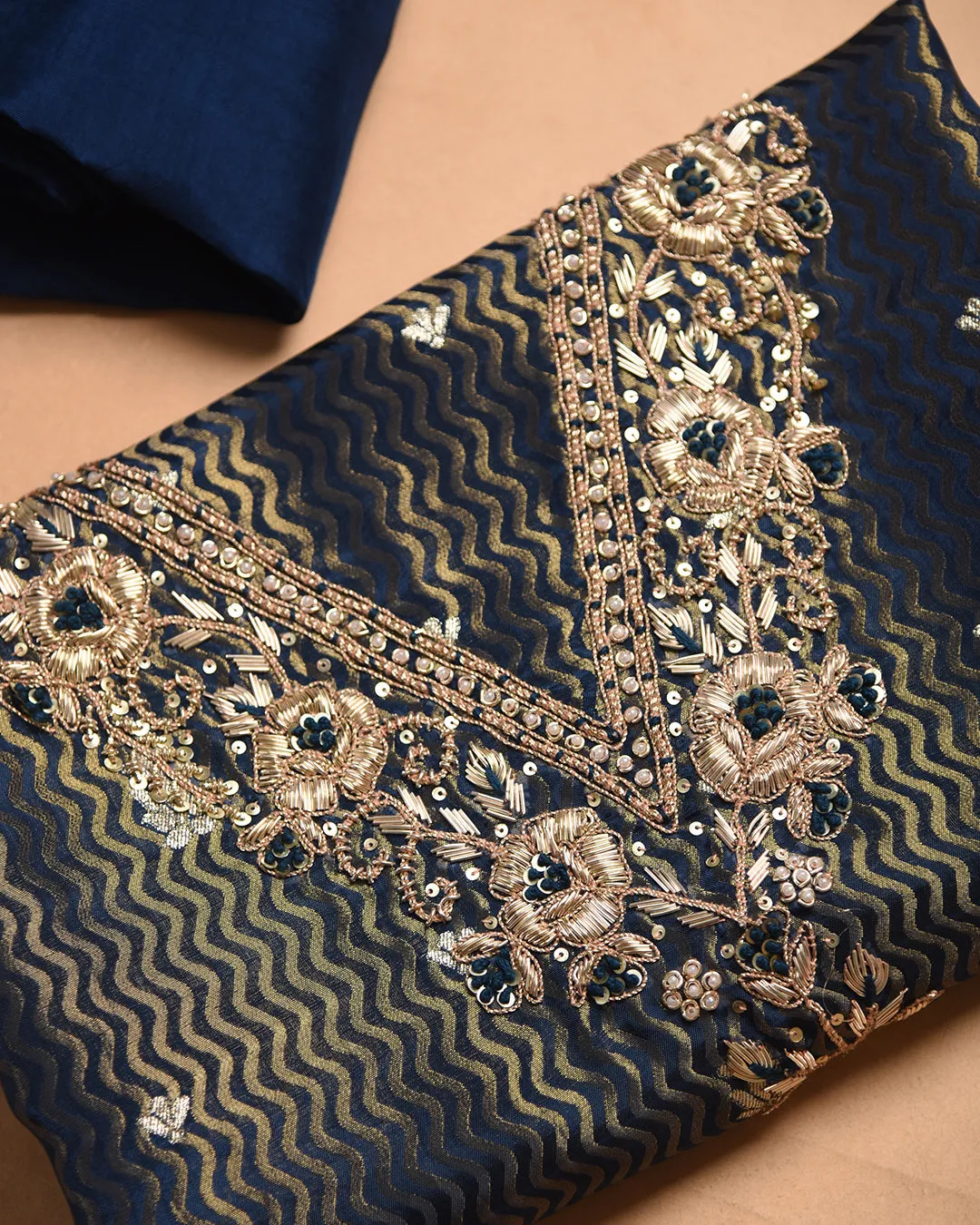 Electric Blue Silk Viscose Blend Woven With Embroidery Unstitched Suit Fabric Set With Silk Viscose Woven Dupatta