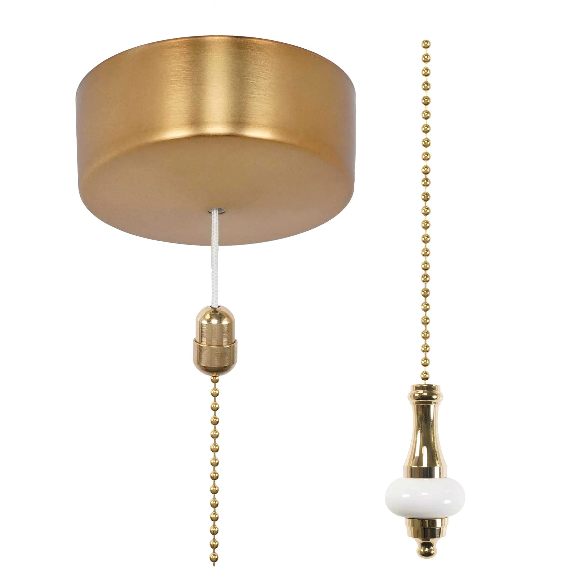 ElekTek Premium Brushed Brass Bathroom Light Pull Cord Switch Kit with Pull Chain Handle