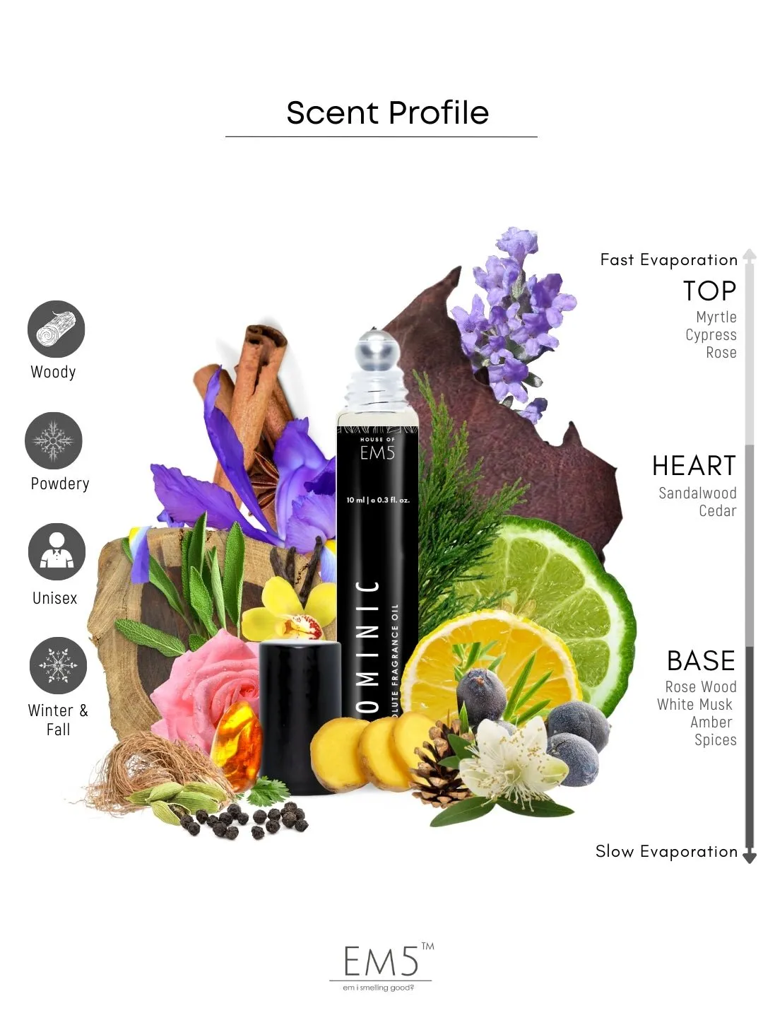 EM5™ Dominic | Perfume Oil Roll On (Attar) 90% Concentrate Non-Alcoholic for Men and Women, Strong and Long Lasting | Woody Citrus Warm & Spicy Fragrance Perfume Oil | 10ml Roll-On Easy to Carry and Travel Friendly