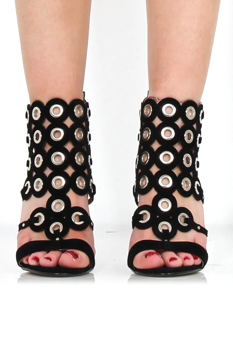 Evan Black Suede Eyelet Heel