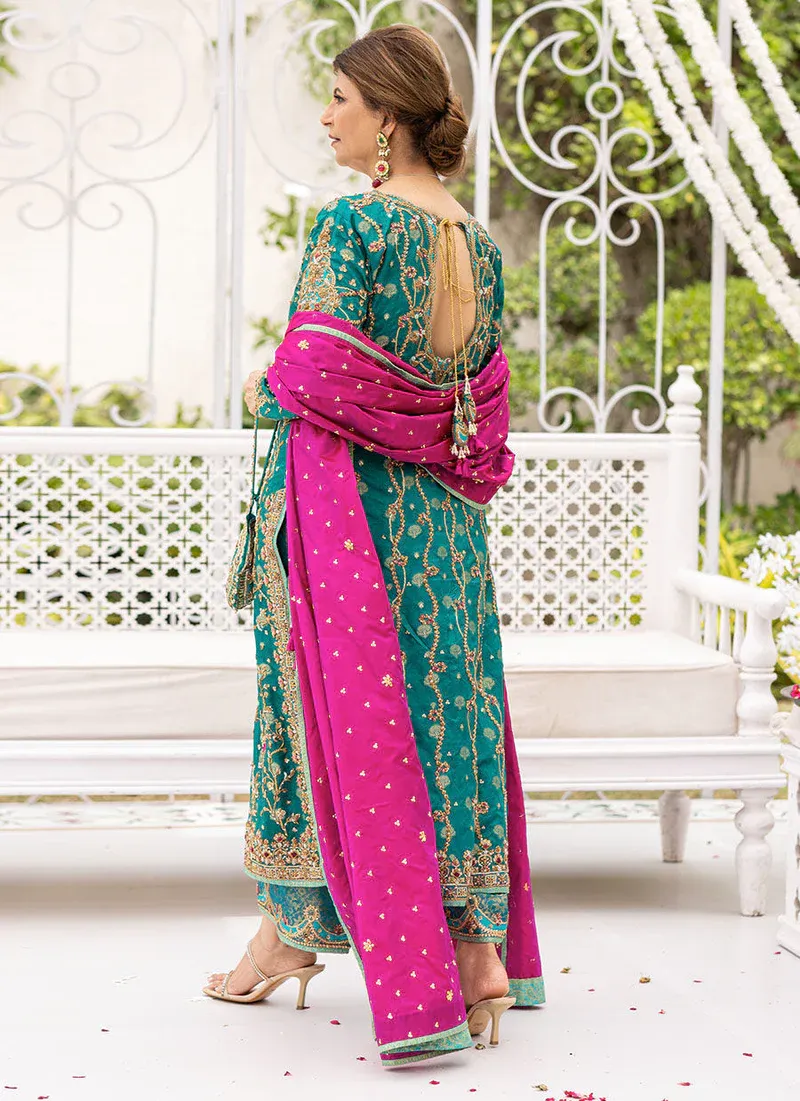 Farha Talib Aziz Wedding Festive Raw Silk Hand Embroidered Collection Unstitched  Avisa Emerald Kurta