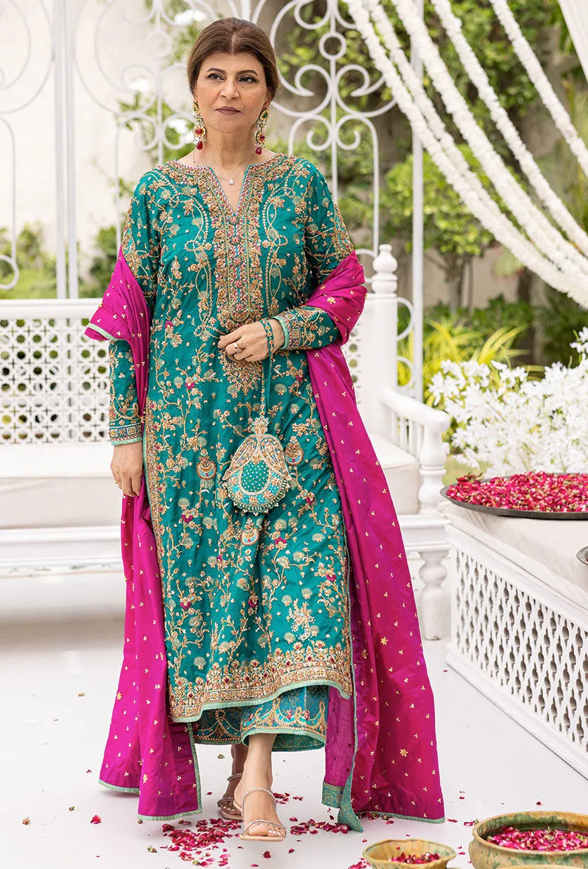 Farha Talib Aziz Wedding Festive Raw Silk Hand Embroidered Collection Unstitched  Avisa Emerald Kurta