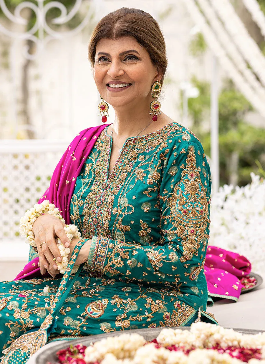 Farha Talib Aziz Wedding Festive Raw Silk Hand Embroidered Collection Unstitched  Avisa Emerald Kurta