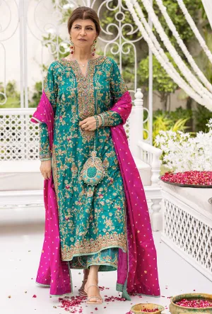 Farha Talib Aziz Wedding Festive Raw Silk Hand Embroidered Collection Unstitched  Avisa Emerald Kurta