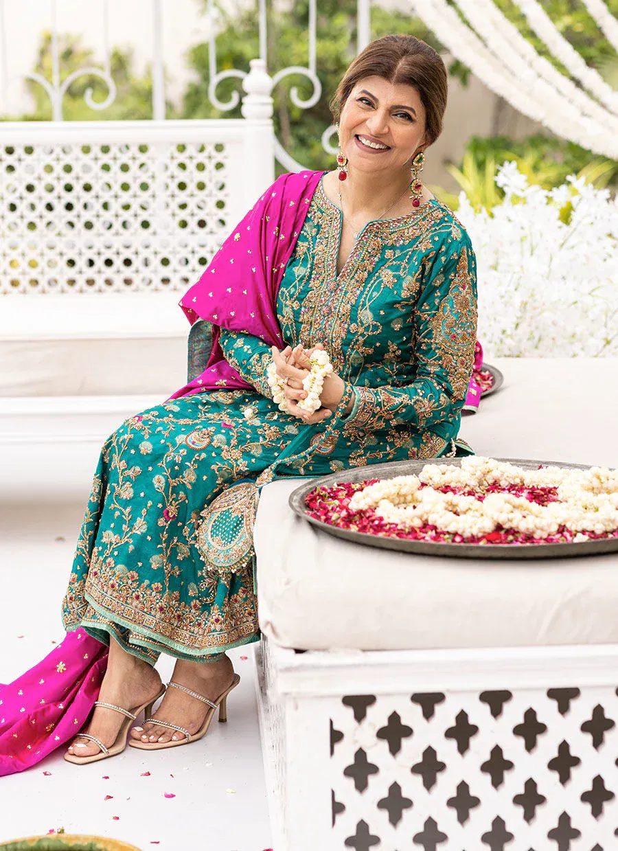 Farha Talib Aziz Wedding Festive Raw Silk Hand Embroidered Collection Unstitched  Avisa Emerald Kurta