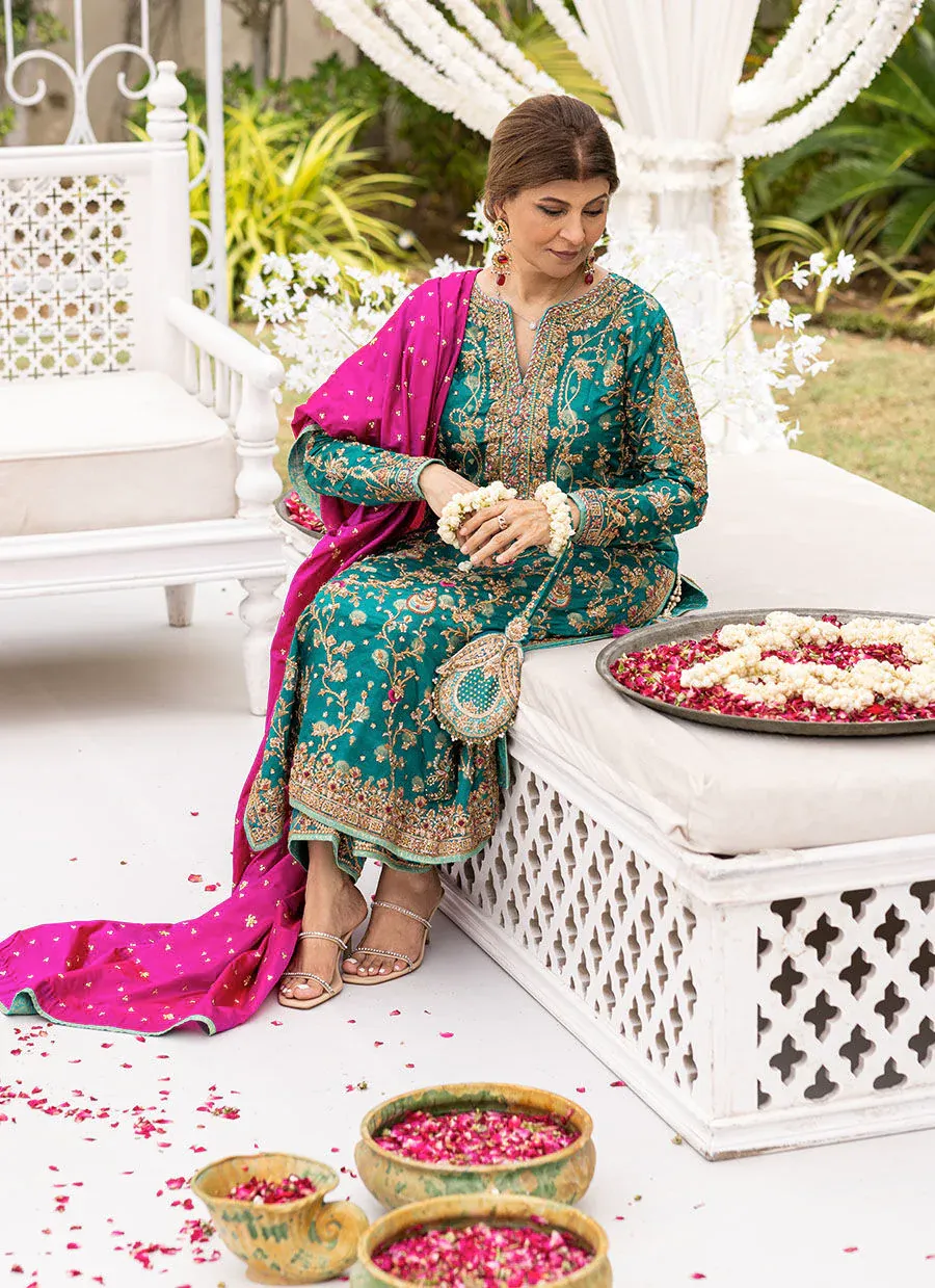 Farha Talib Aziz Wedding Festive Raw Silk Hand Embroidered Collection Unstitched  Avisa Emerald Kurta