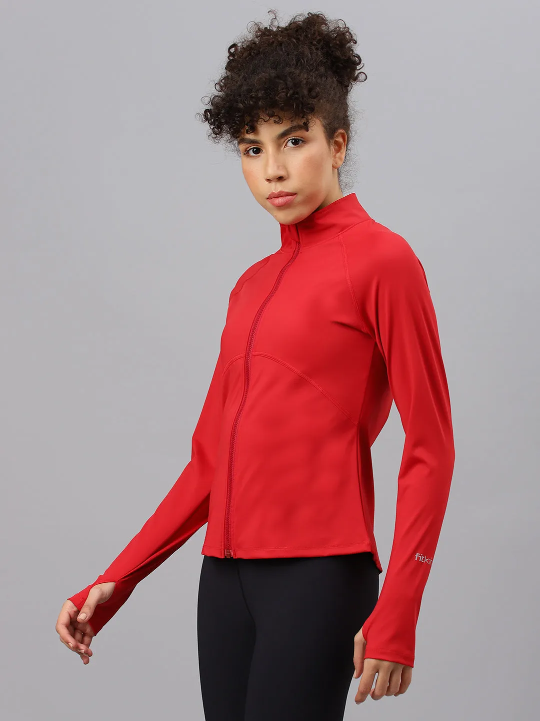 Fitkin women's red high neck plain full zipper jacket