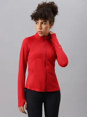 Fitkin women's red high neck plain full zipper jacket