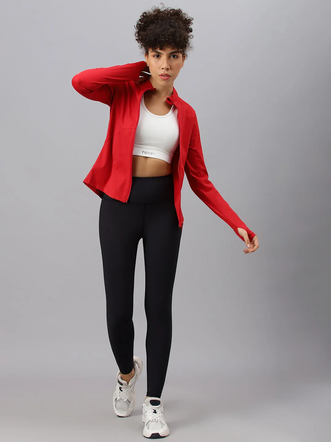 Fitkin women's red high neck plain full zipper jacket
