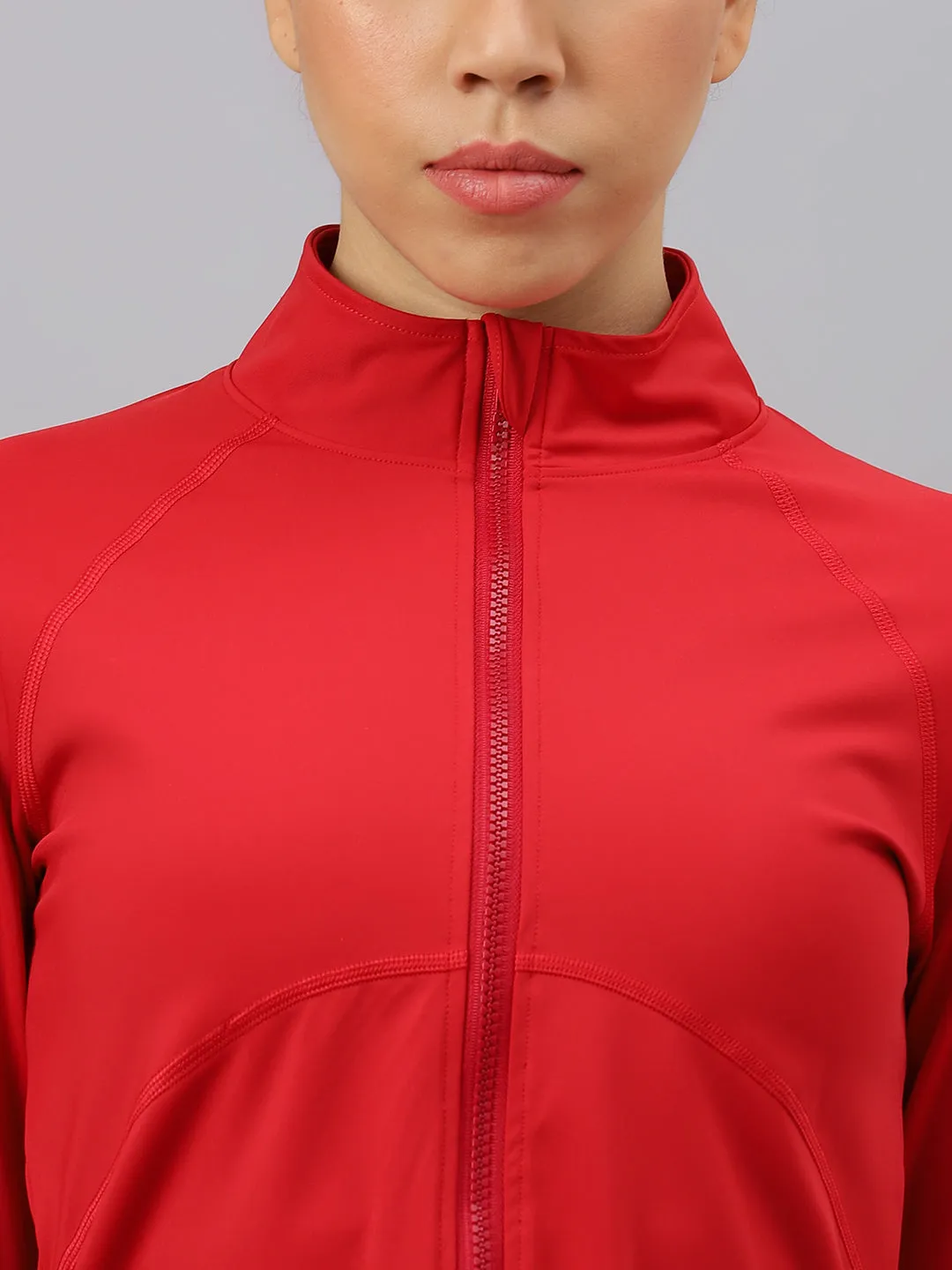 Fitkin women's red high neck plain full zipper jacket
