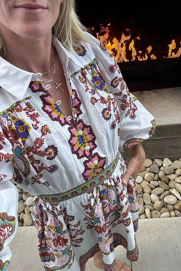 Fun and Vibrant Linen Blend Unique Print Puff Sleeve Pocketed Shirt Mini Dress