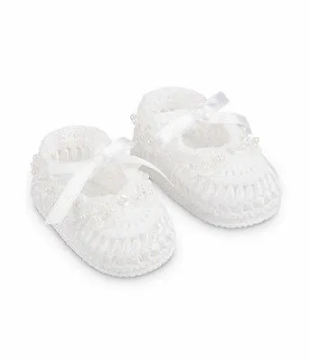 Girls White Ribbon Crocheted Pearl Accent Baby Booties Crib Shoes Newborn